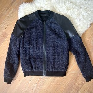 Elie Tahari Sandie Boucle Bomber Jacket, leather and tweed